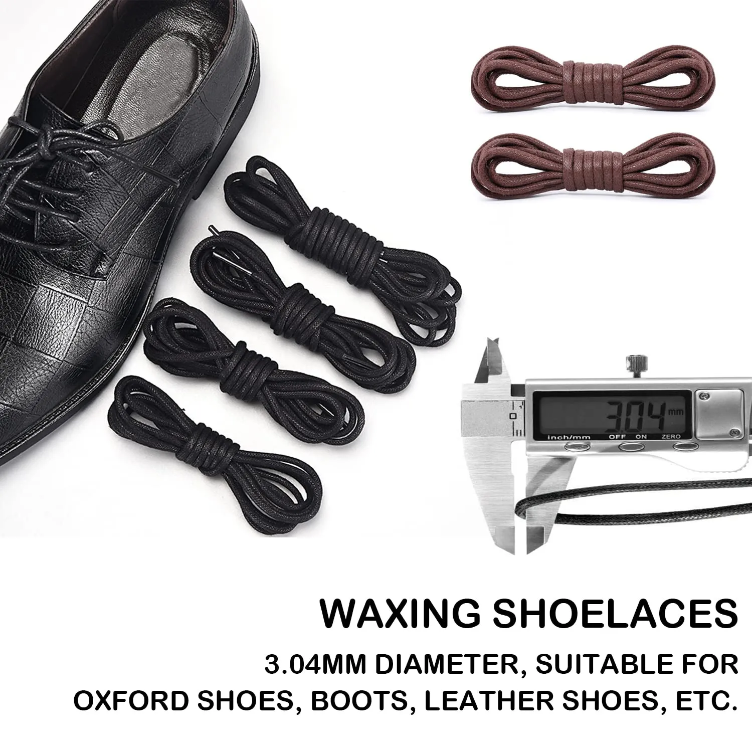 3 pairs of waxed round dress laces, combed cotton, 3.04mm diameter, 80cm long, for dress shoes or casual shoes for oxfords, boots, leather shoes, etc. (black, brown)