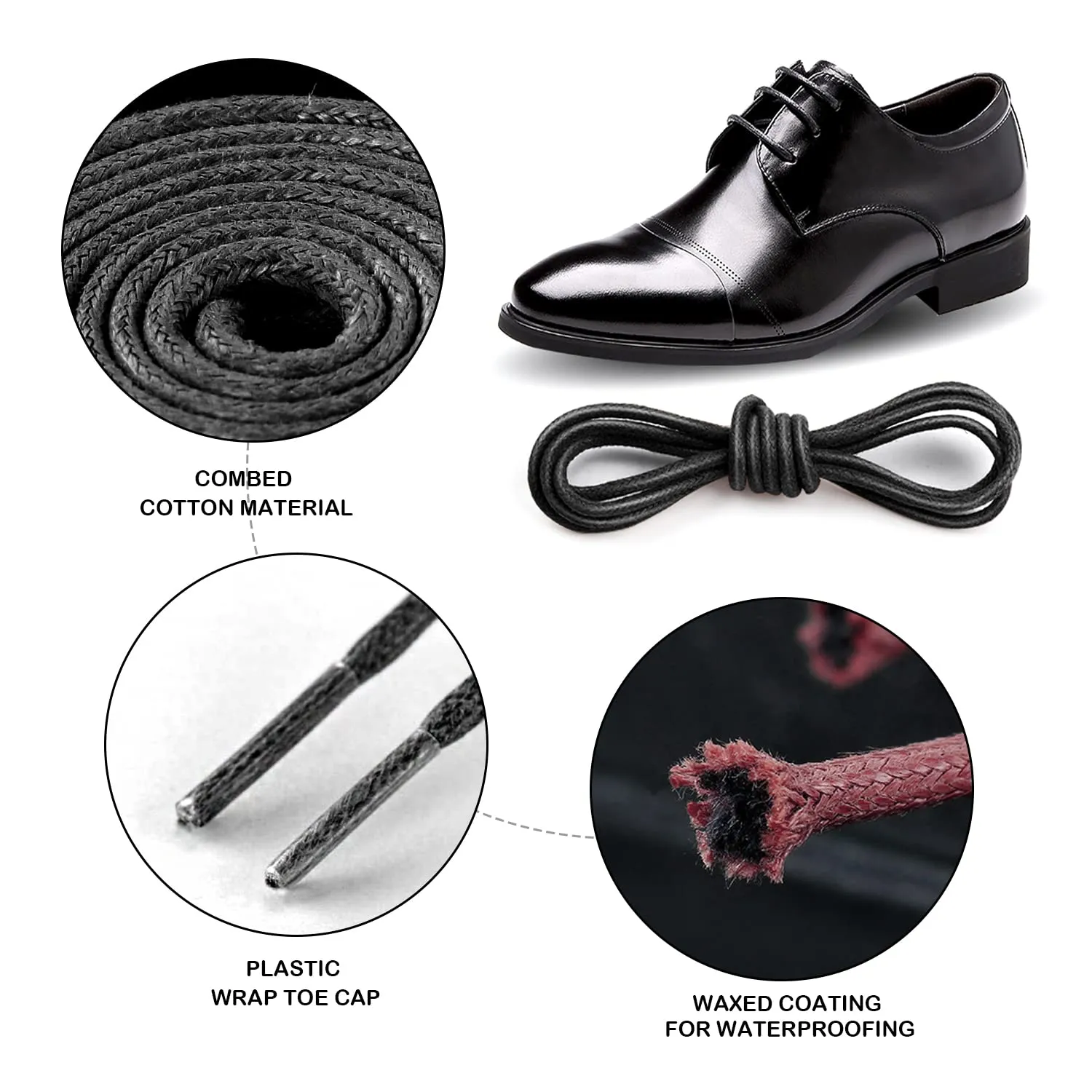 3 pairs of waxed round dress laces, combed cotton, 3.04mm diameter, 80cm long, for dress shoes or casual shoes for oxfords, boots, leather shoes, etc. (black, brown)