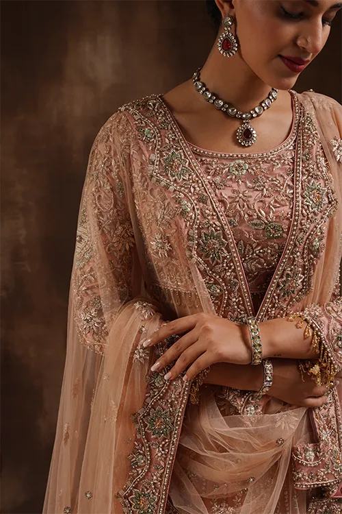 Blush Pink Blouse With Lehenga Trail