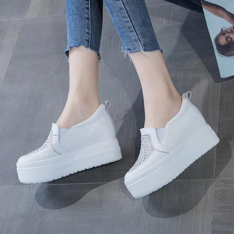 Petite White Leather Lace Mesh Rhinestone Casual Shoes MS62