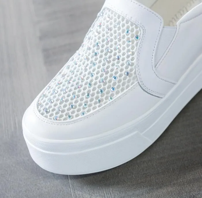 Petite White Leather Lace Mesh Rhinestone Casual Shoes MS62