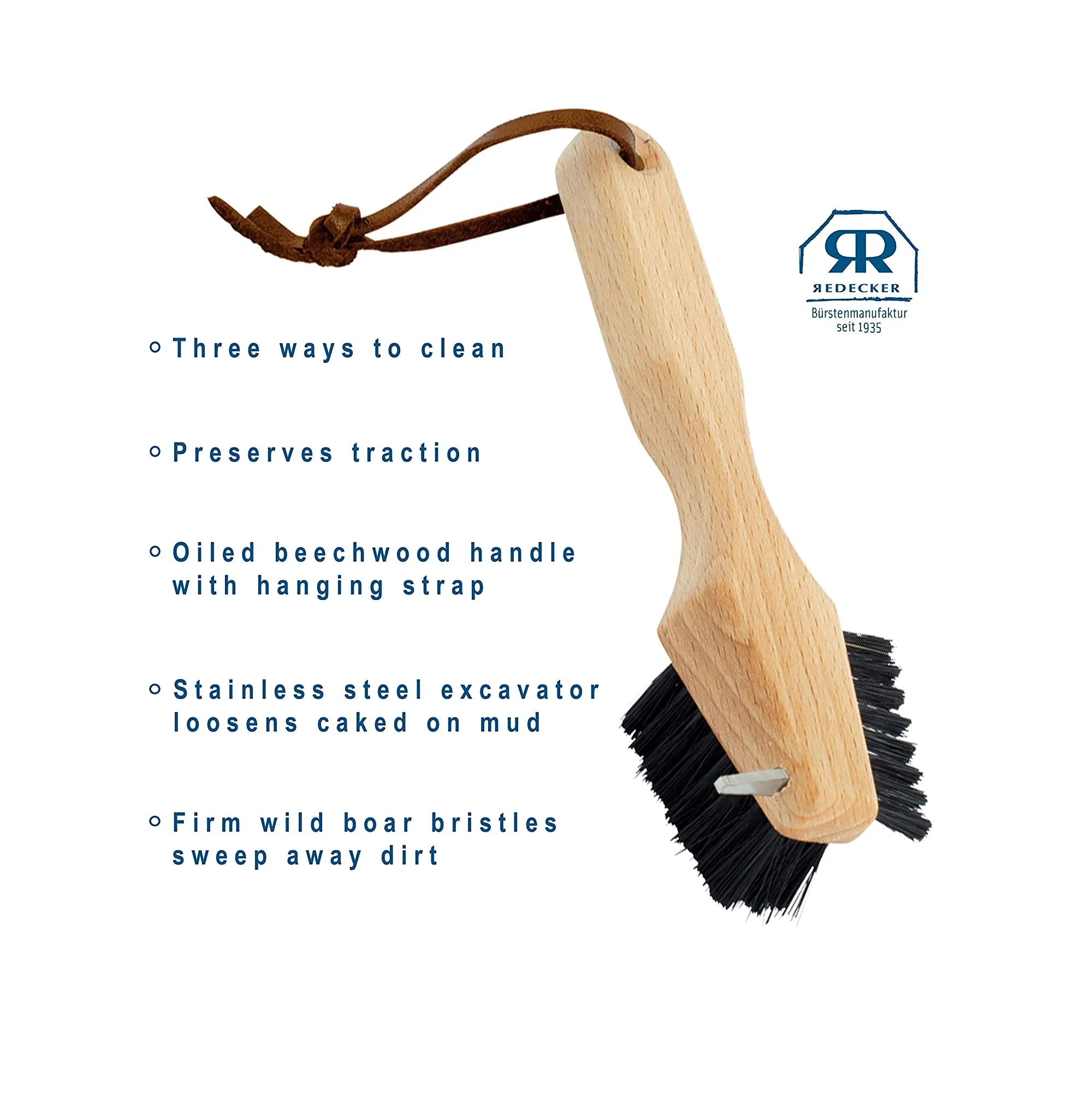 Redecker Shoe Sole Brush Durable Wild Boar Bristle Oiled Beechwood and Stainless Steel Design 3 Ways to Clean Made in Germany