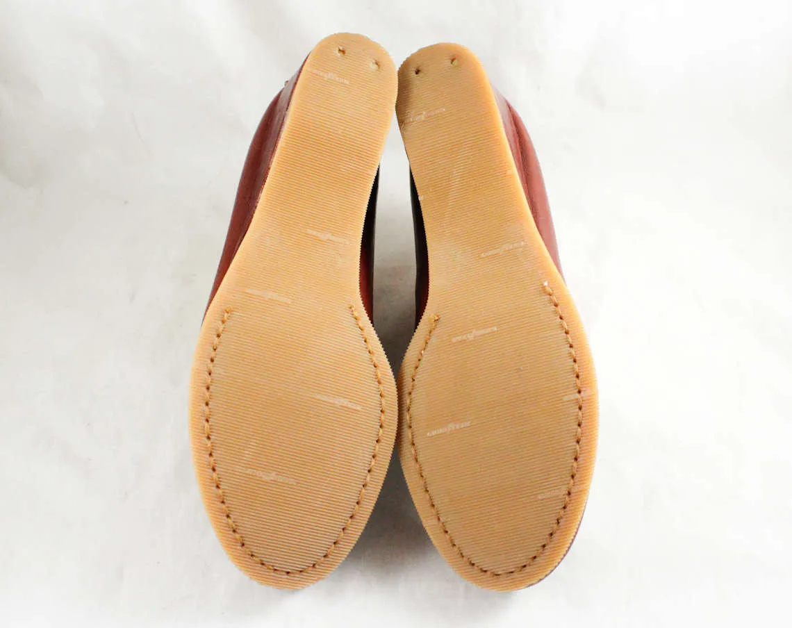 Size 7 1/2 Leather Shoes - Beautiful Quality Loafer Wedges - Fine Cognac Brown Leather - Braid Trim & Wedge Heel - 80s Deadstock - 47718