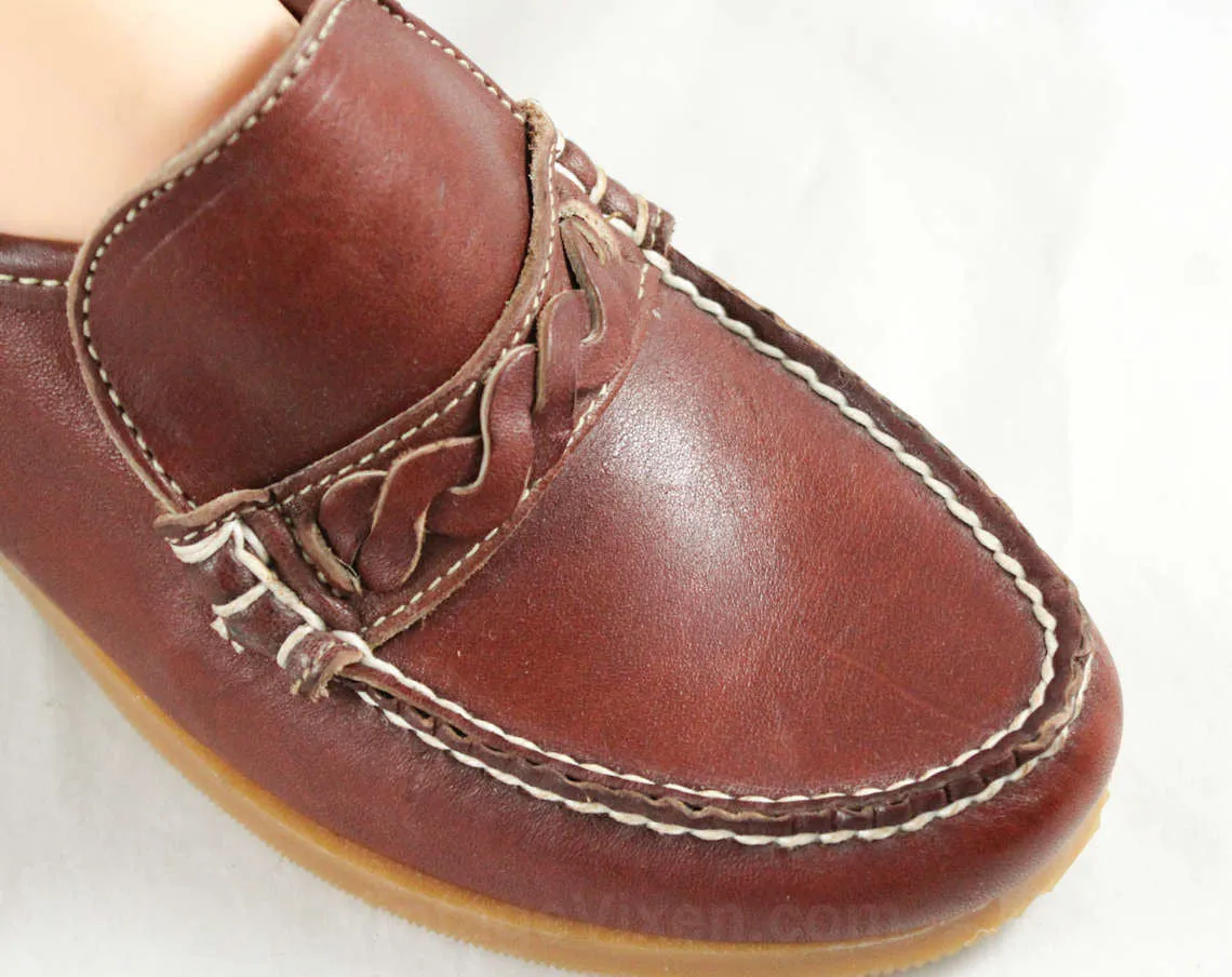 Size 7 1/2 Leather Shoes - Beautiful Quality Loafer Wedges - Fine Cognac Brown Leather - Braid Trim & Wedge Heel - 80s Deadstock - 47718