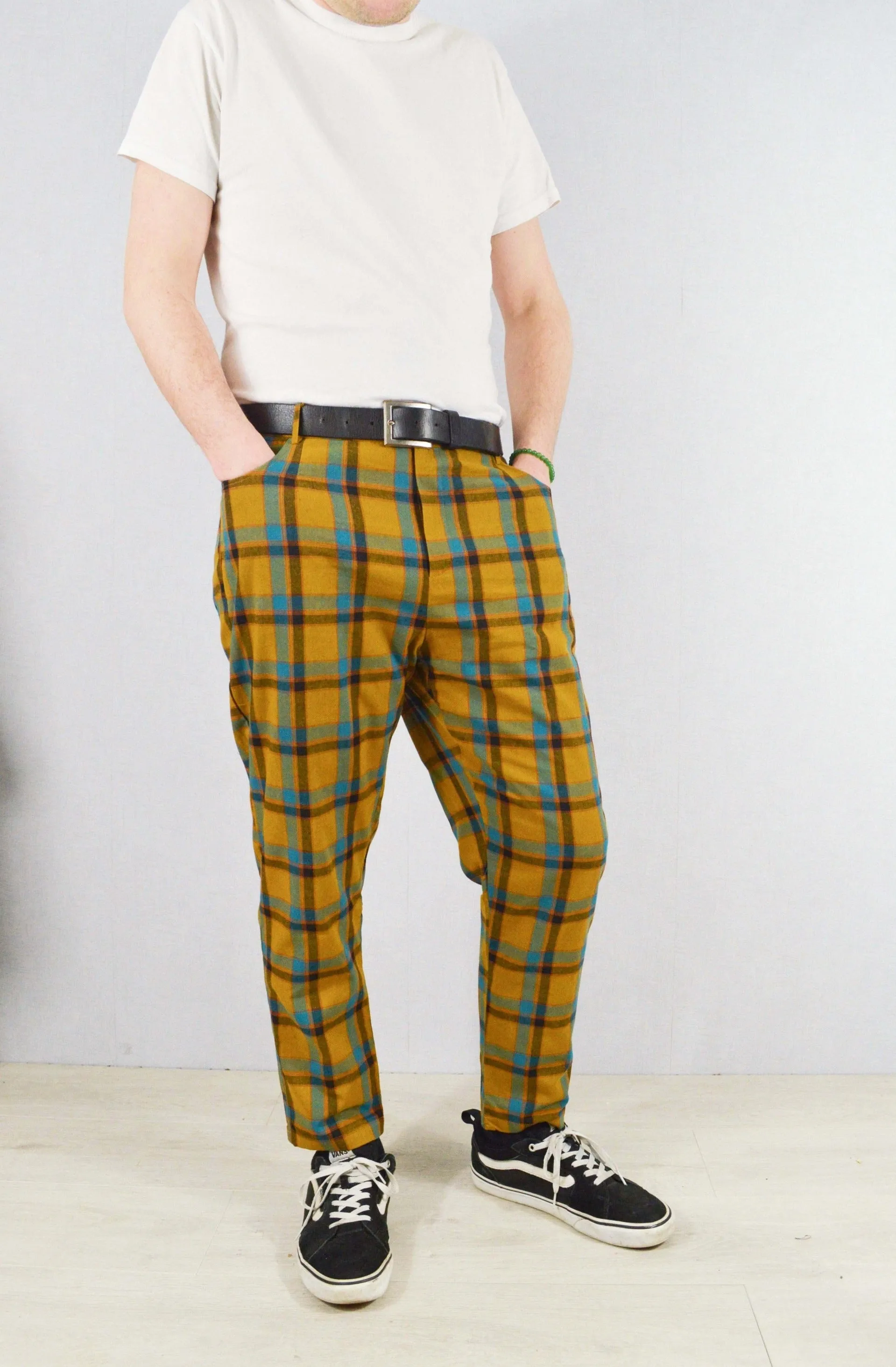 Slim Fit Tartan Check Trousers Mustard & Blue